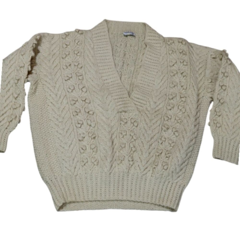 Irish Style Hand Knit Heavy Chunky Wool Fisherman Sweater Off White Large